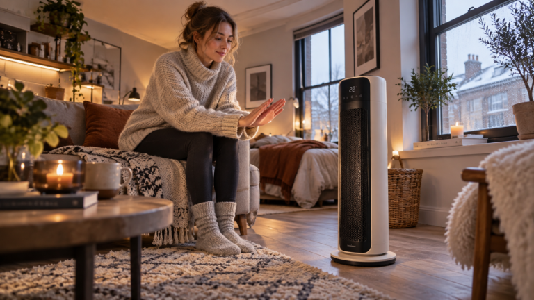 Best ceramic heaters for studio flats UK with a ceramic tower heater warming a compact Victorian apartment