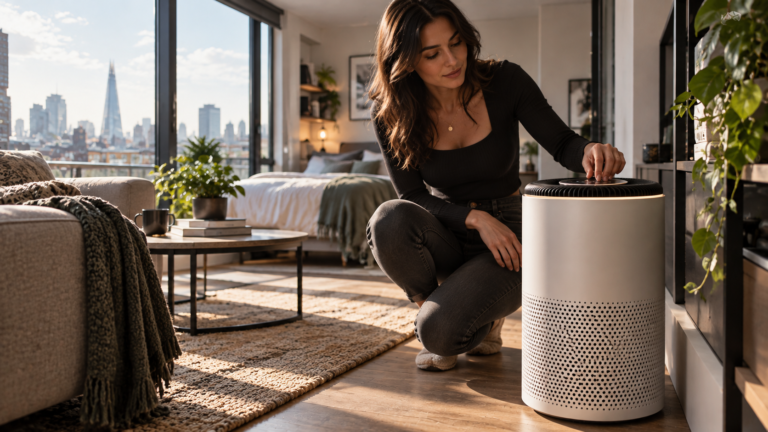 Best Air Purifier for Studio Flat UK with a compact purifier in a modern British studio apartment