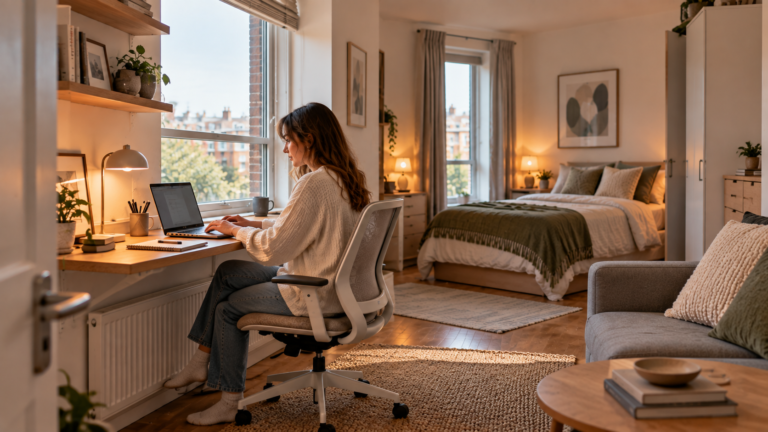 Small Studio Flat Home Office Ideas with compact desk by a window in a UK studio