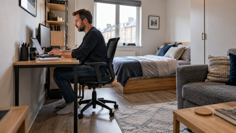 Best Desks for Studio Flats UK with compact desk in a small British studio flat