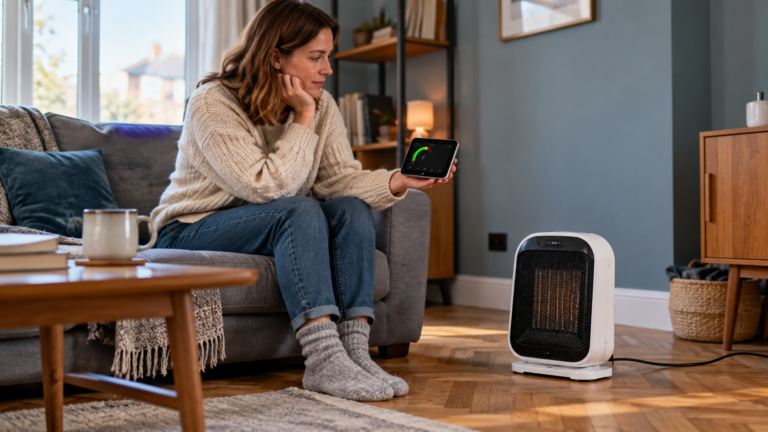 Do Ceramic Heaters Use a Lot of Electricity UK with smart meter monitoring a ceramic heater in a small living room