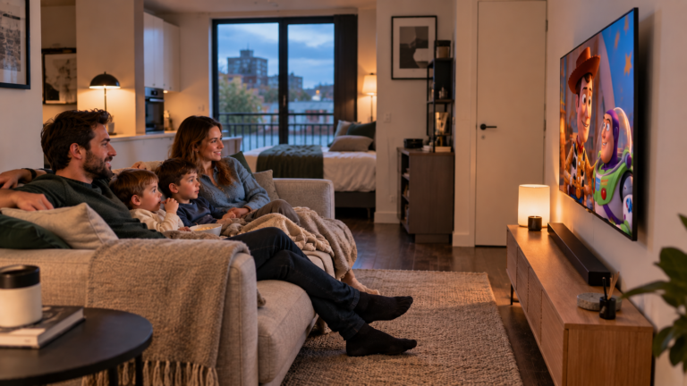 Best Slim TVs for Studio Flats UK with a family watching a thin wall-mounted TV in a compact studio flat