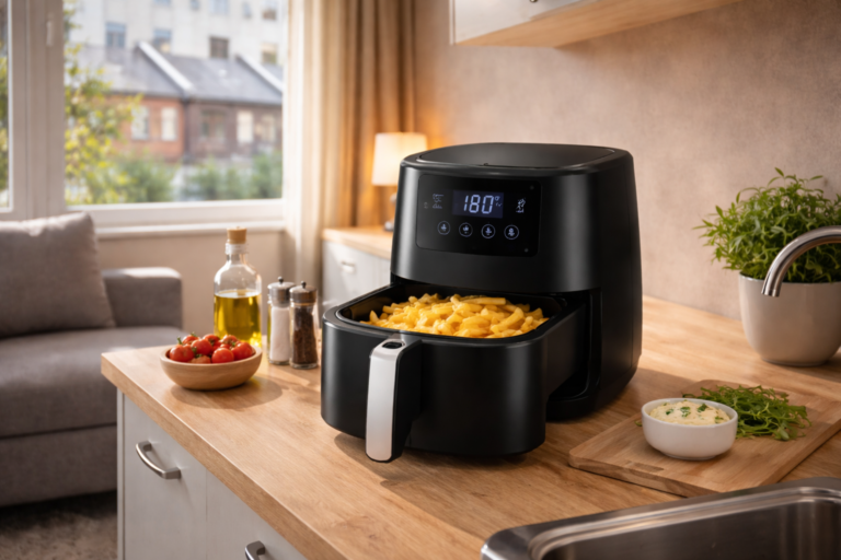 best compact air fryers for studio flats uk on a small kitchen countertop with fries cooking in a modern apartment
