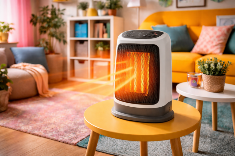 best ceramic heaters for studio flats uk with compact portable heater on table in bright modern living room