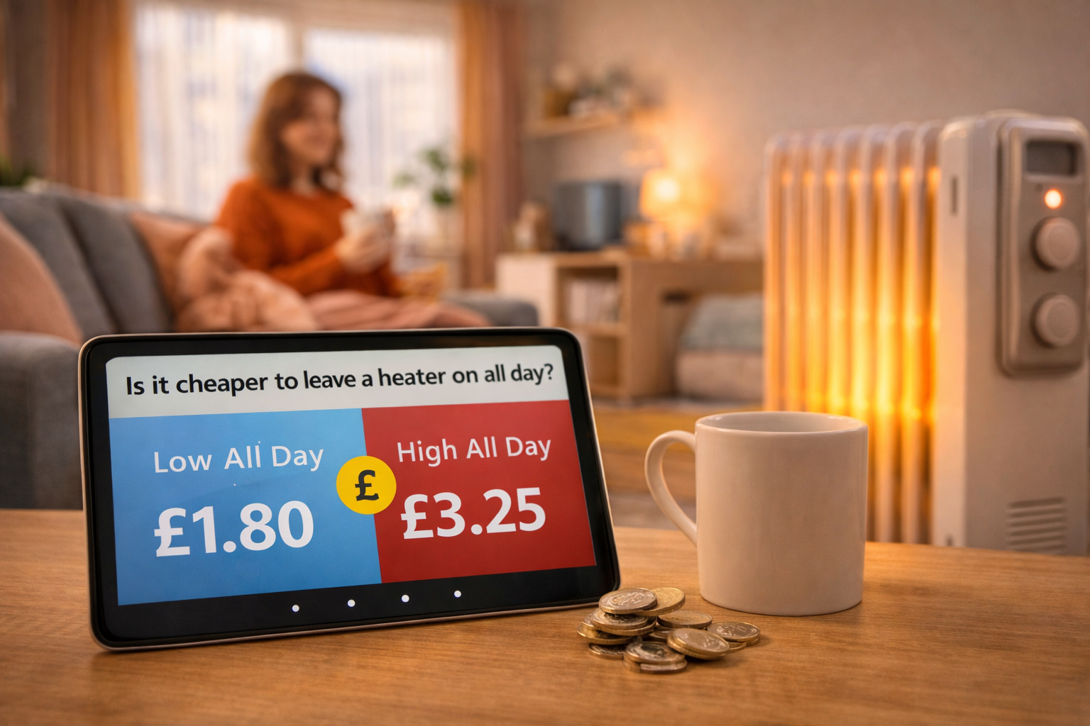 is it cheaper to leave a heater on low all day uk with energy cost comparison display and oil heater in background