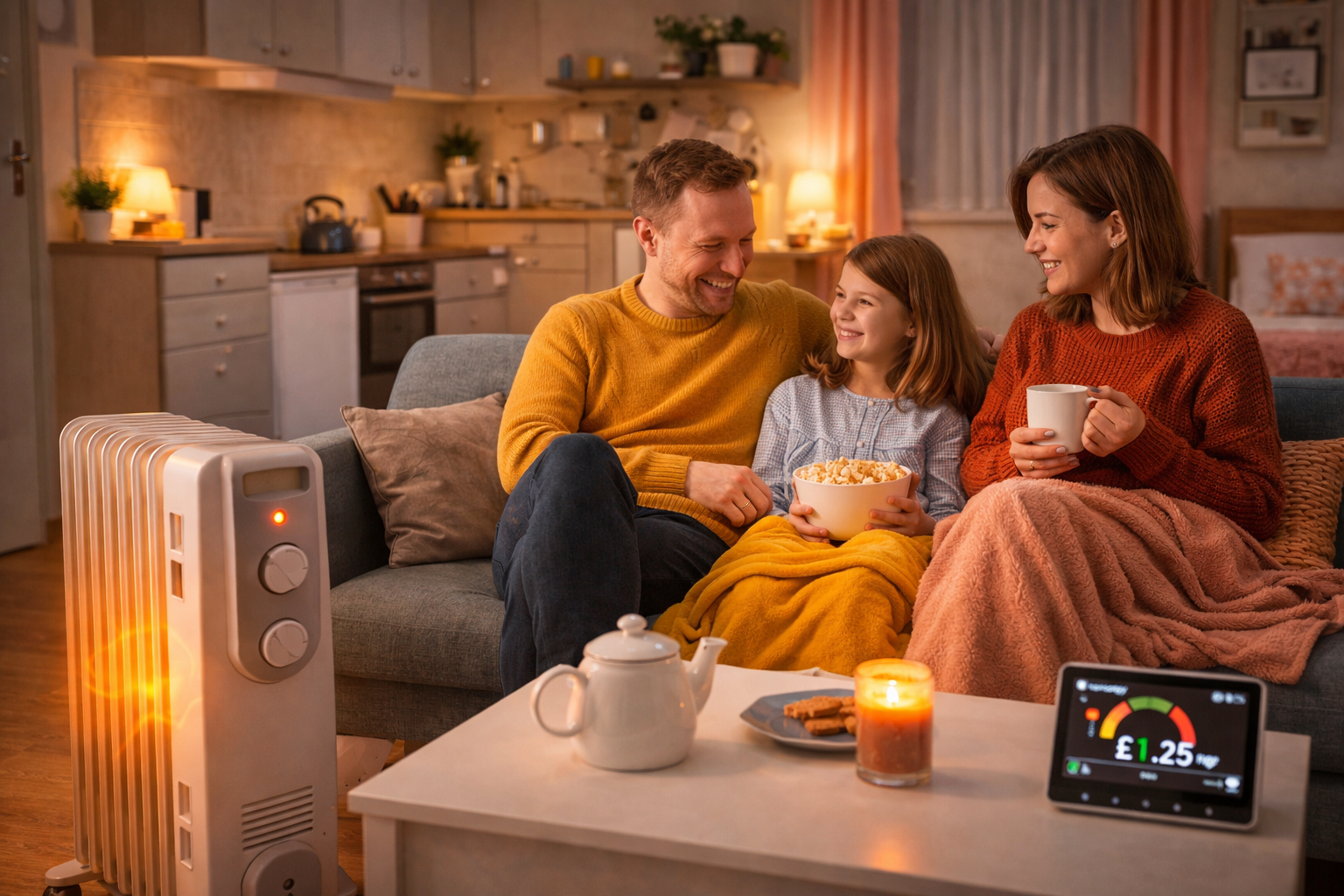 how to heat a studio flat cheaply uk with family staying warm using energy efficient heater in small living space