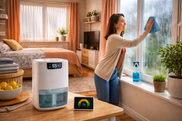 reduce condensation studio flat with dehumidifier and person wiping window moisture in small apartment
