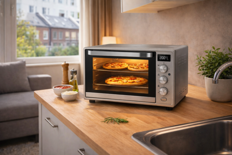 best countertop ovens for studio flats uk on a compact kitchen worktop with pizzas cooking inside in a modern apartment
