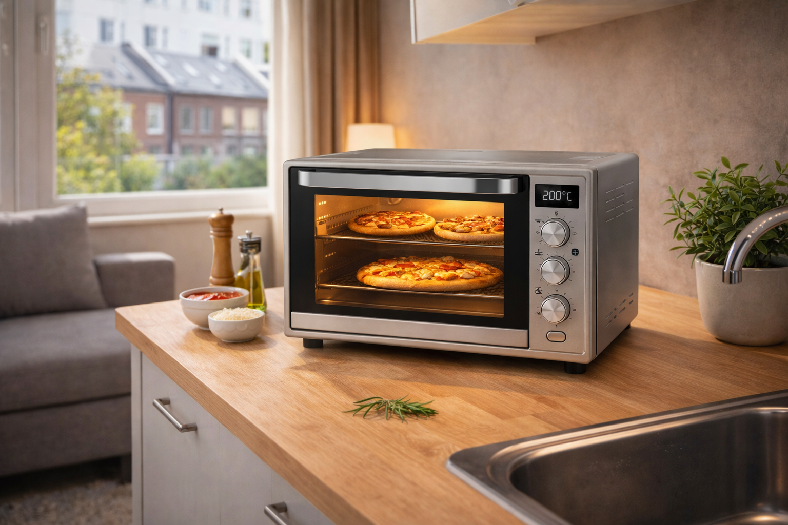best countertop ovens for studio flats uk on a compact kitchen worktop with pizzas cooking inside in a modern apartment