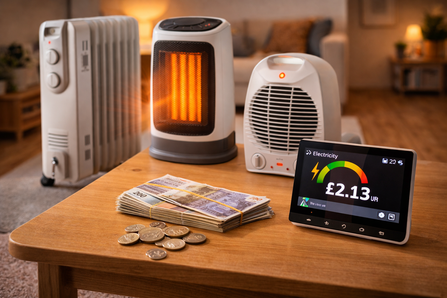 heater running cost uk with electric heaters and smart energy monitor showing electricity usage cost in home