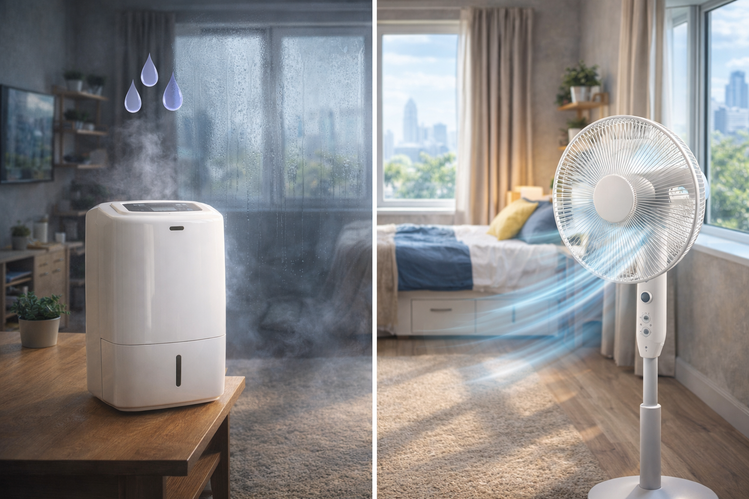 dehumidifier vs fan for studio flat showing humidity control on one side and cooling airflow on the other in a modern uk apartment