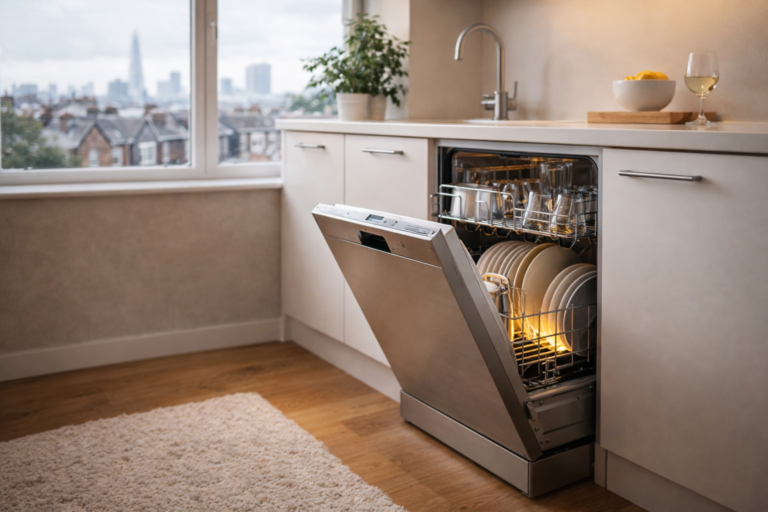 best slimline dishwashers for studio flats uk installed in a compact modern kitchen saving space in a small apartment