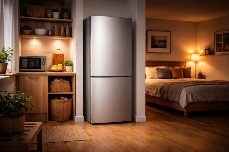 best fridge freezer for studio flat uk with compact space saving design in modern small apartment kitchen