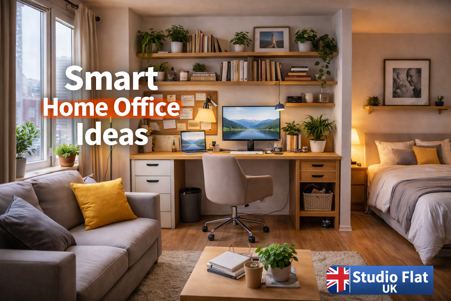 small studio flat home office ideas with compact desk setup and space saving layout uk