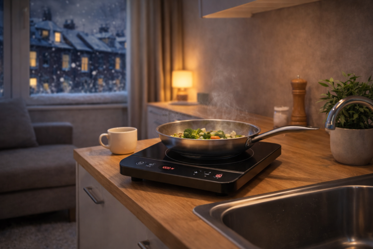 best portable induction hobs for studio flats uk on a compact kitchen countertop with a frying pan cooking in a modern apartment