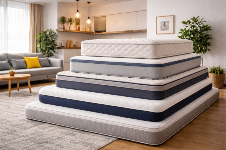 5 best mattresses for studio flats in the uk stacked in modern apartment with compact space setup