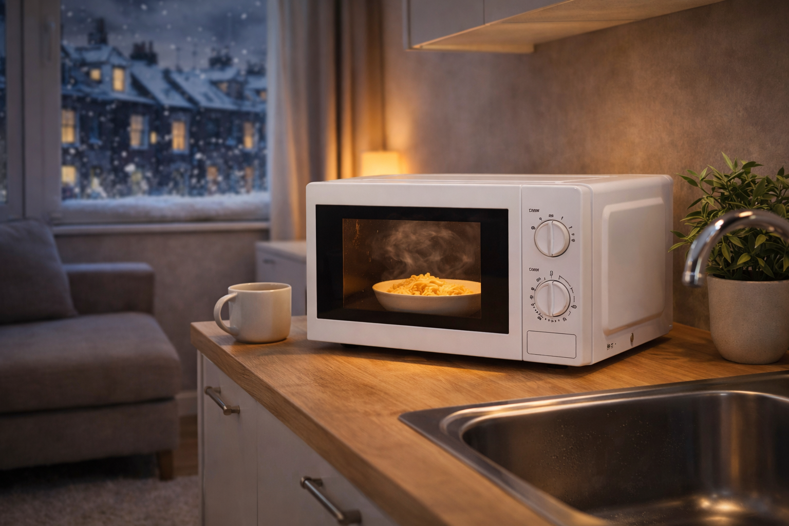 best compact microwaves for studio flats uk on a small kitchen countertop in a modern apartment with warm lighting