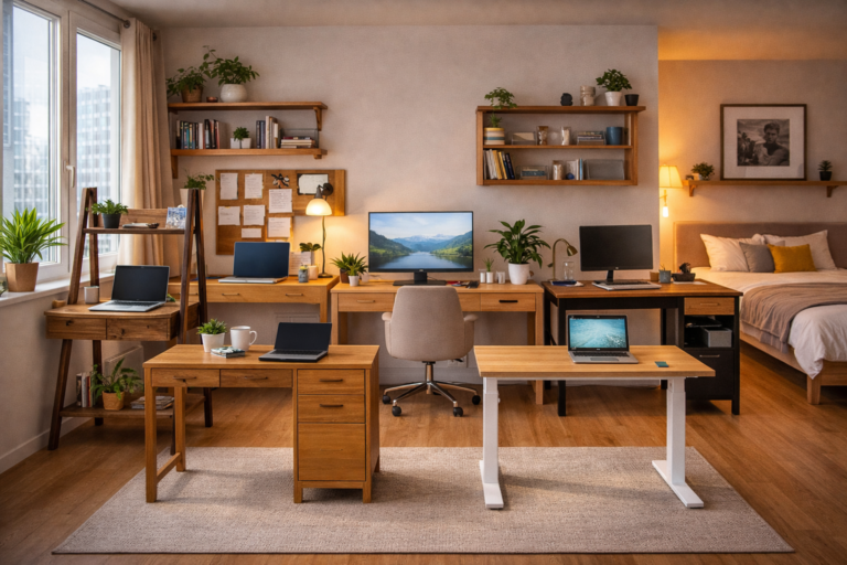 best desks for studio flats uk with compact space saving desk setups in a small apartment