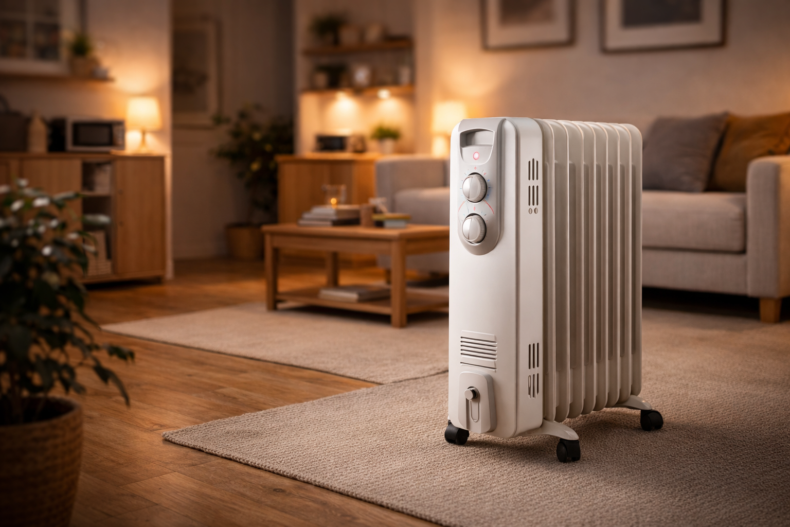 best oil filled heaters for studio flats uk with compact energy efficient radiator heater in small living room