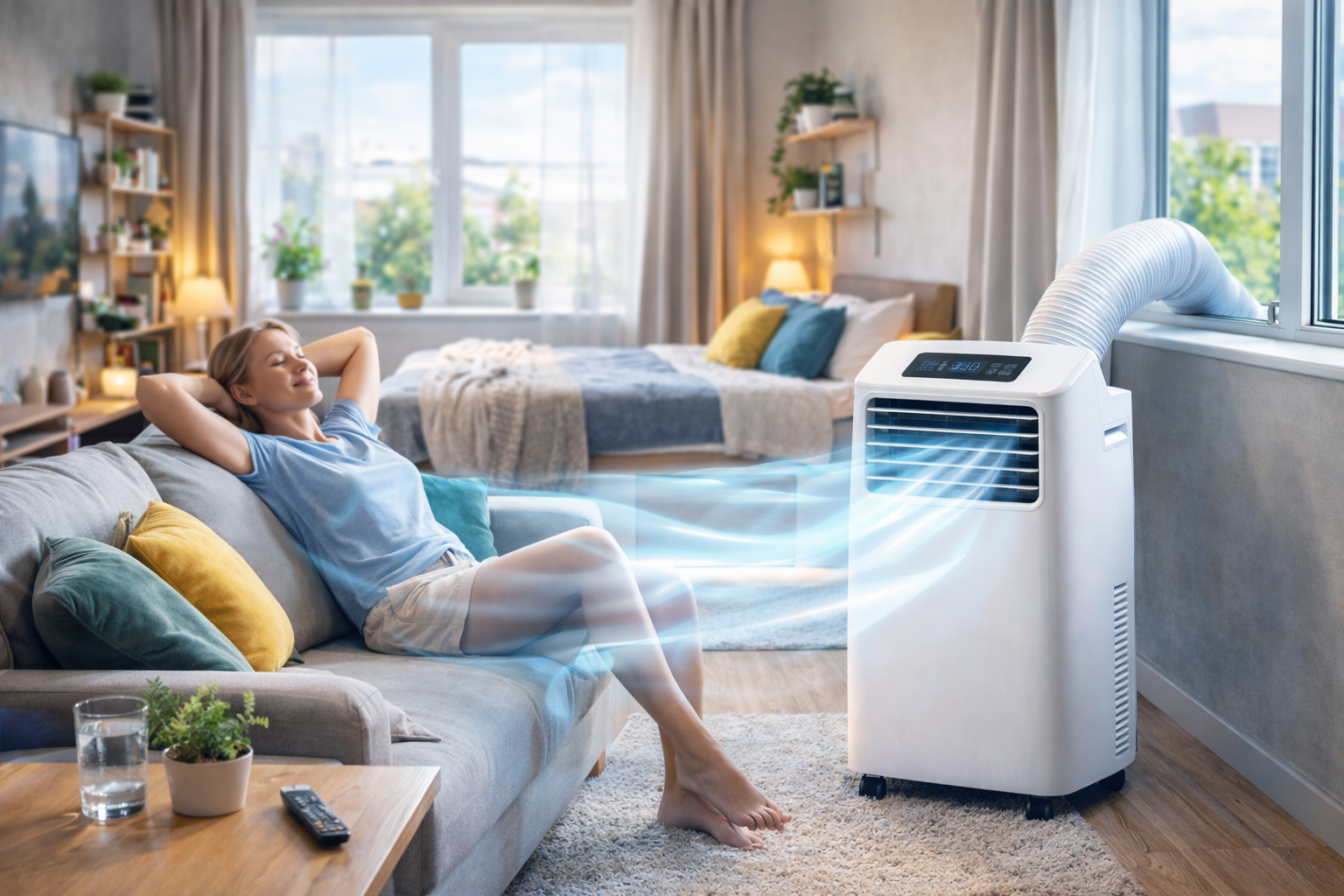 best portable air conditioners for studio flats uk cooling a small modern apartment during summer with window hose setup