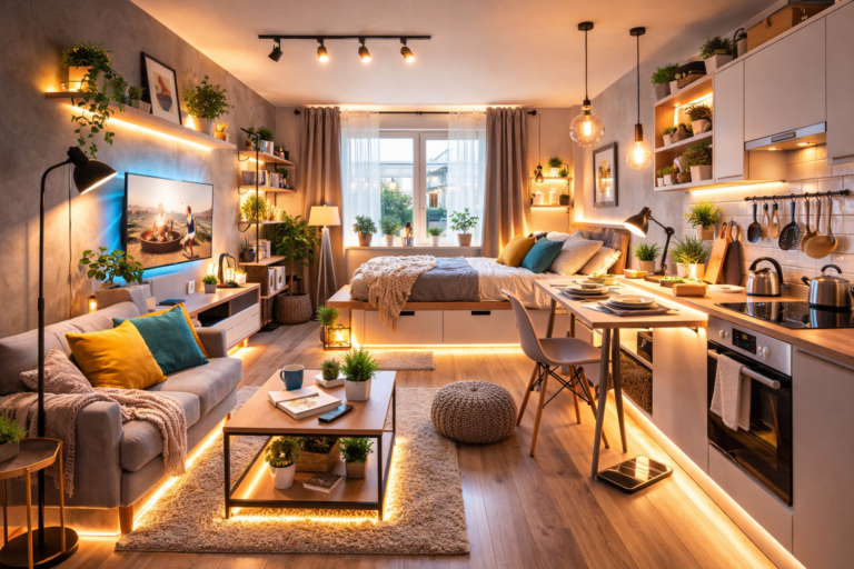 space saving lighting studio flats uk with layered lighting design in modern small apartment interior