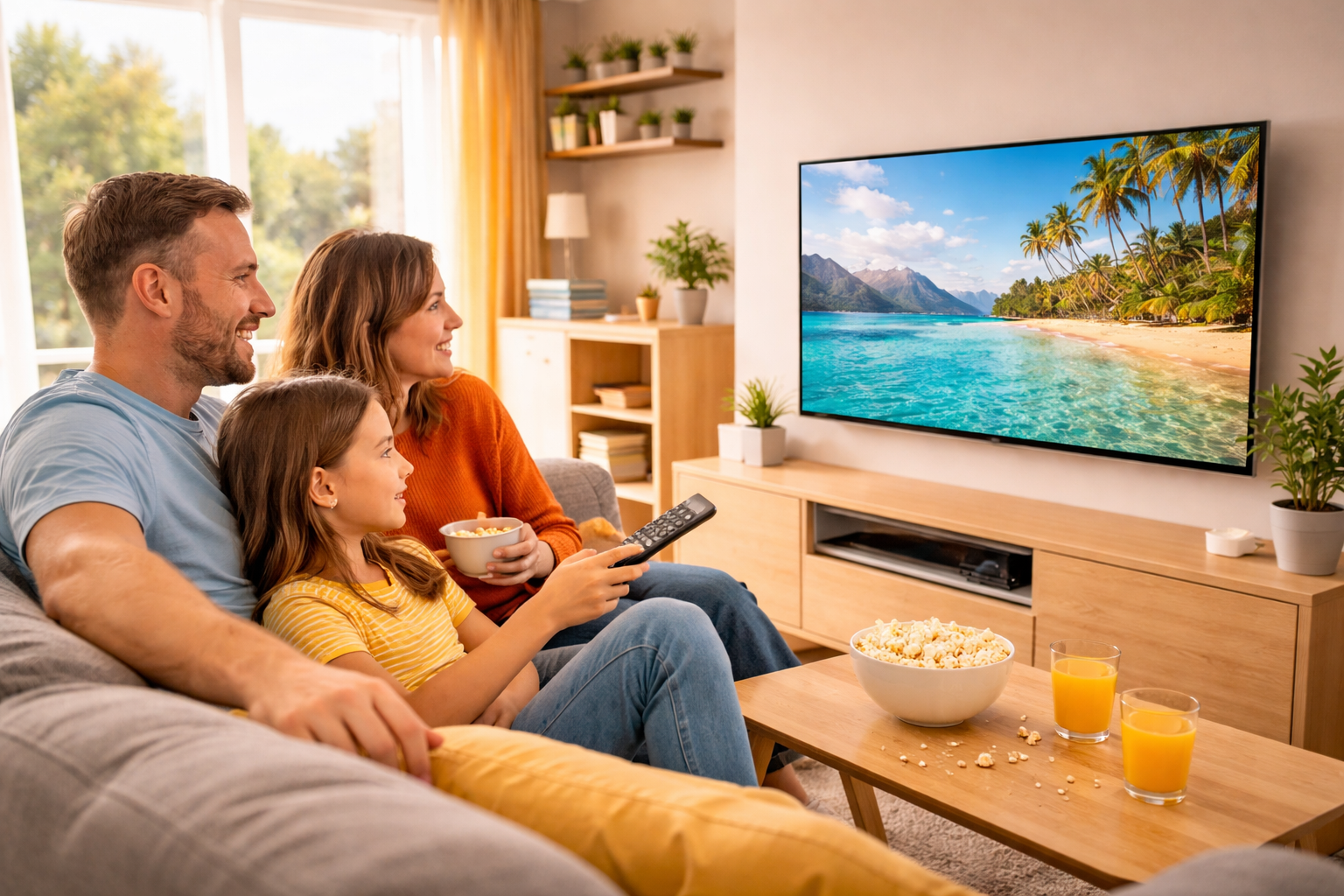 best slim tvs for studio flats uk with family watching wall mounted television in bright modern living room
