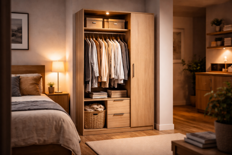 best wardrobe for studio flat uk with compact space saving storage in modern small bedroom