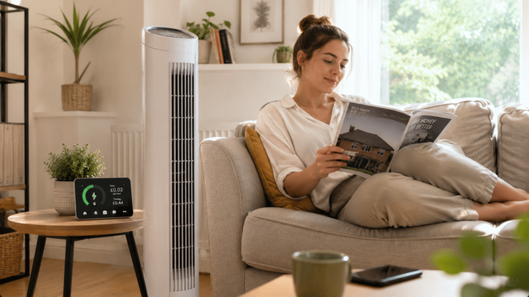 Tower fan and smart meter showing fan running cost UK in a small flat