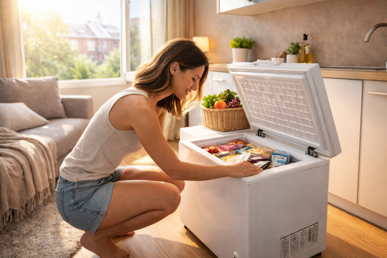 best mini freezers for studio flats uk in a bright summer kitchen with a woman reaching into a compact freezer in a modern apartment
