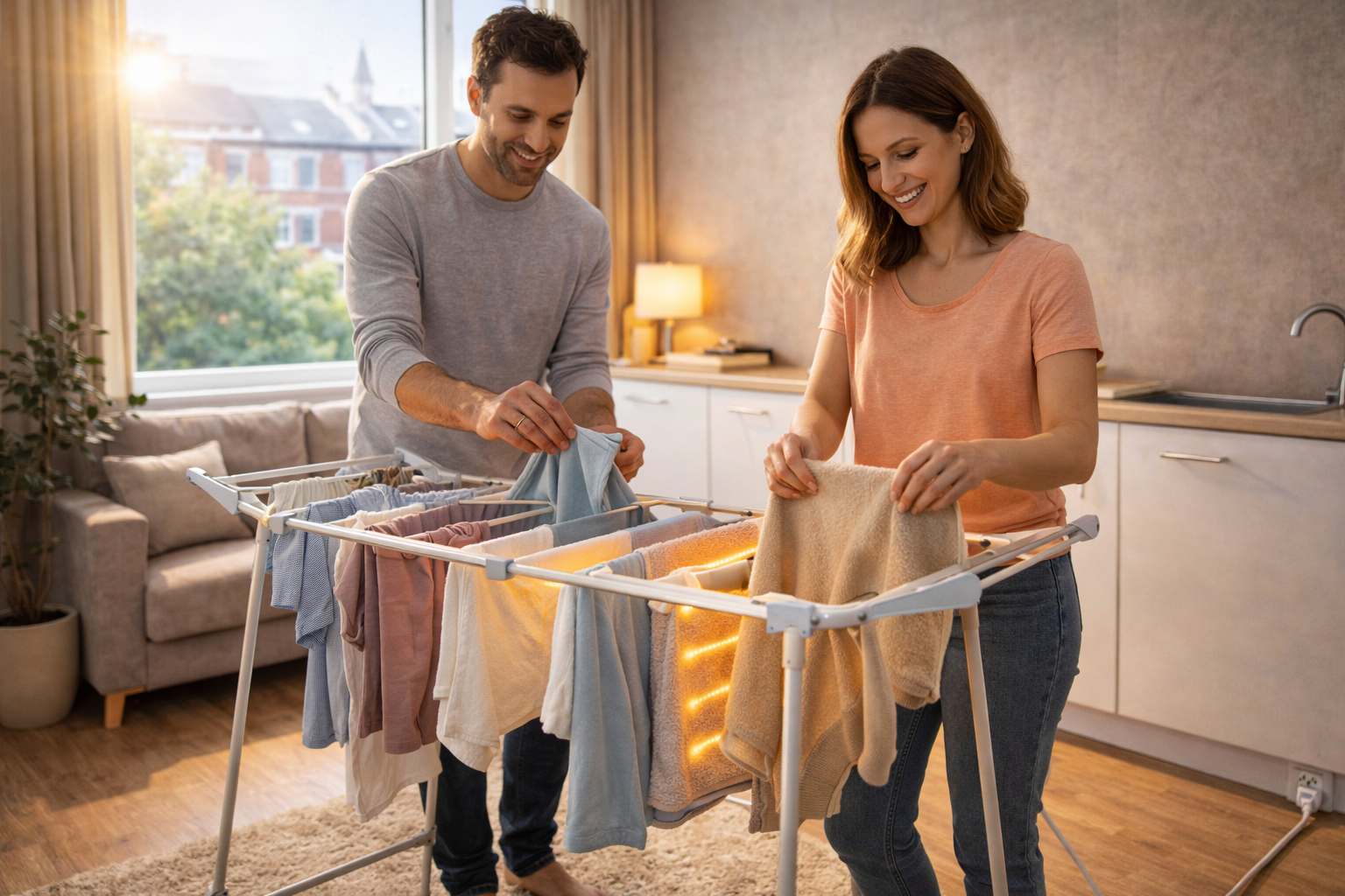 best heated clothes airers for small flats uk in a bright living room with a couple hanging clothes on a heated drying rack