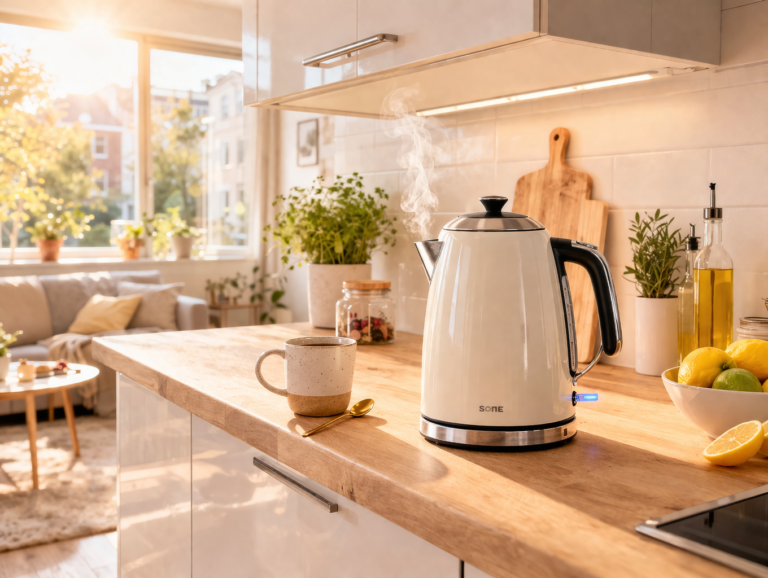 best compact kettles for studio flats uk on a bright kitchen countertop with steam rising in a modern apartment