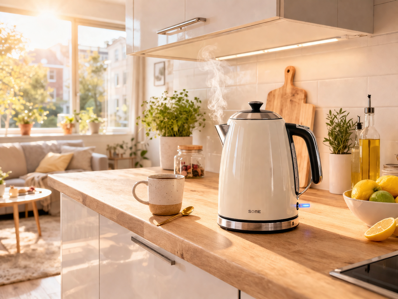 best compact kettles for studio flats uk on a bright kitchen countertop with steam rising in a modern apartment
