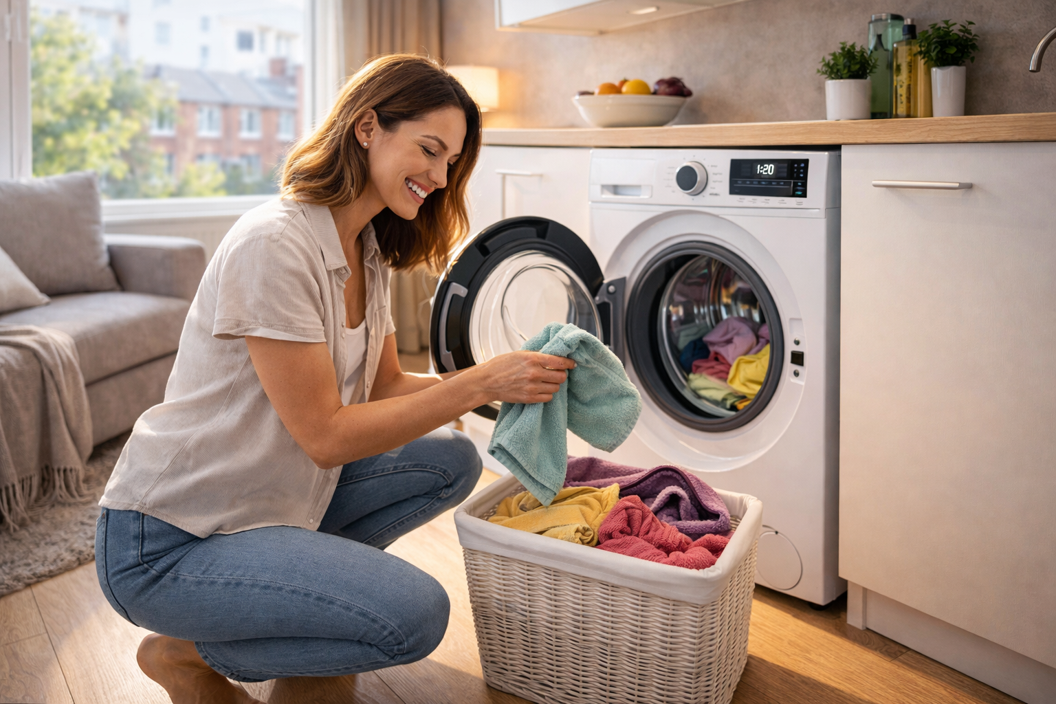 best washer dryers for small flats uk in a compact kitchen with a woman loading clothes into a washer dryer in a bright modern apartment