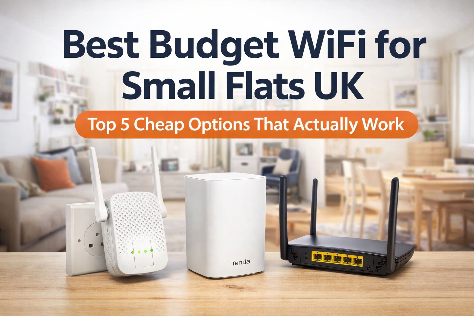 Best budget WiFi for small flats UK showing affordable routers, extender and mesh system in a modern apartment setting
