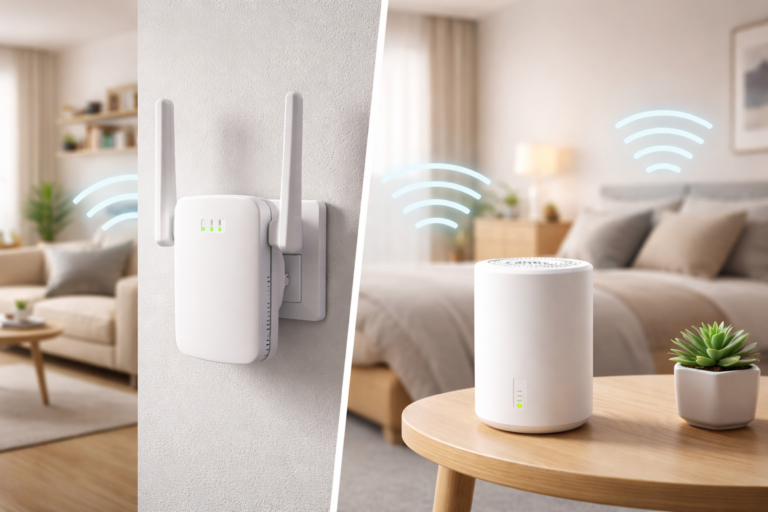 wifi booster vs extender uk comparison showing signal difference in a modern flat