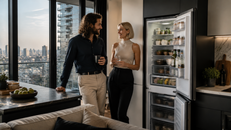 Best Fridge Freezers for Couples in Small Flats UK showing a compact kitchen with a suitable fridge freezer for two people
