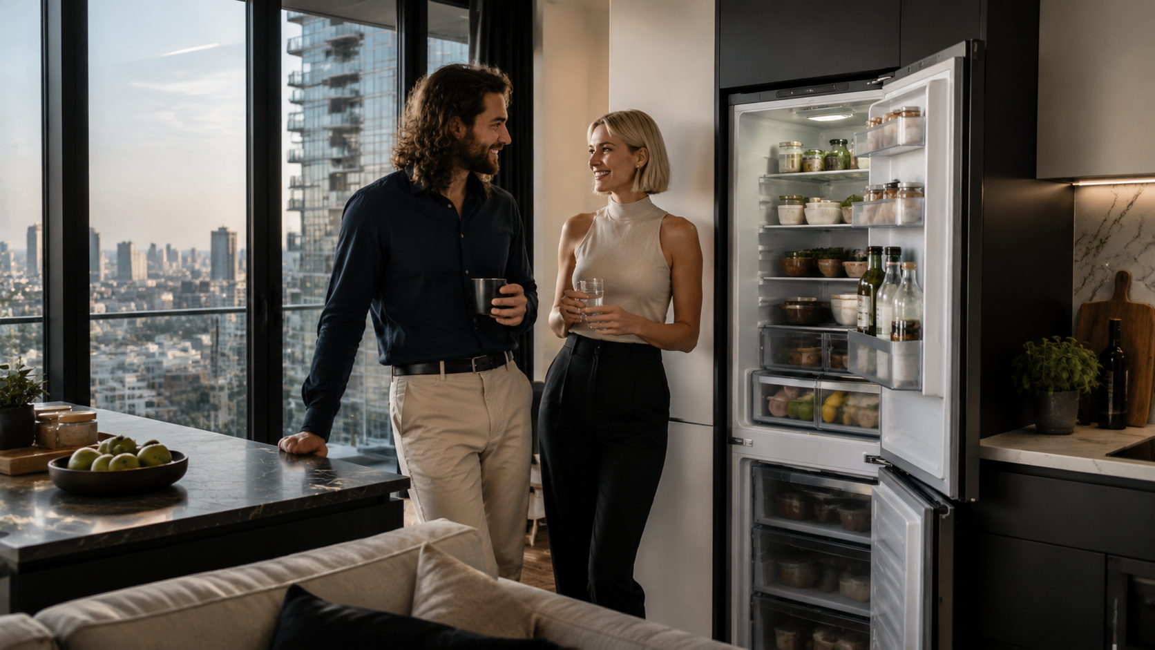 Best Fridge Freezers for Couples in Small Flats UK showing a compact kitchen with a suitable fridge freezer for two people