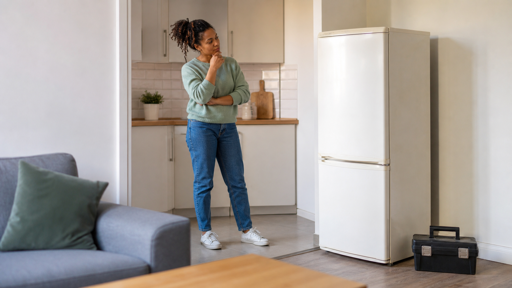 Fridge freezer repair UK decision in a small modern kitchen.