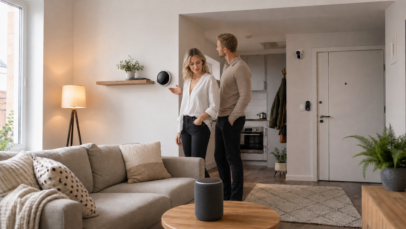 Smart home devices small flats UK couple using a smart speaker, thermostat and connected security controls.