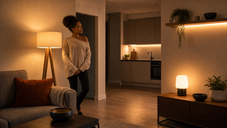 Smart lighting ideas for small flats UK with layered lamps and automated ambient lighting