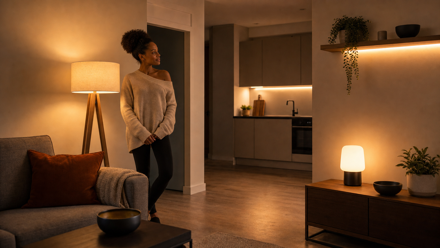 Smart lighting ideas for small flats UK with layered lamps and automated ambient lighting