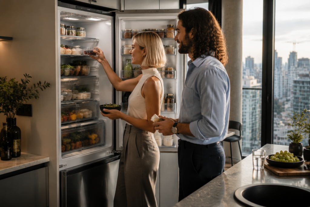 Couple organising food storage inside a fridge freezer in a small flat kitchen