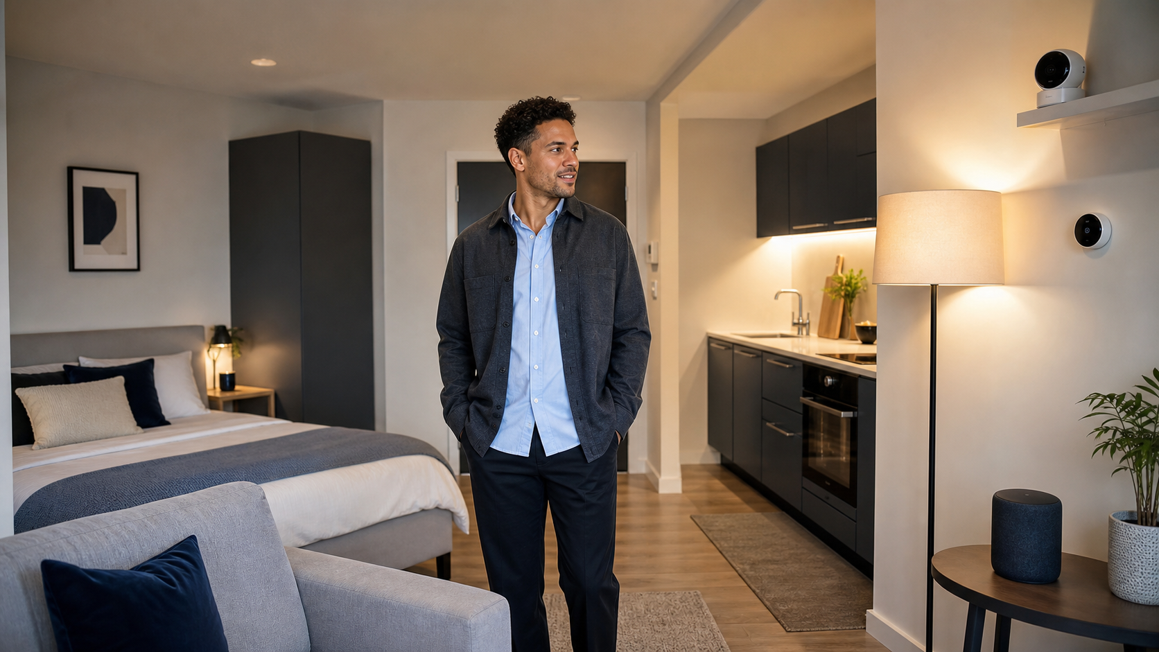 Smart home setup for a studio flat UK with connected lighting, heating and security devices