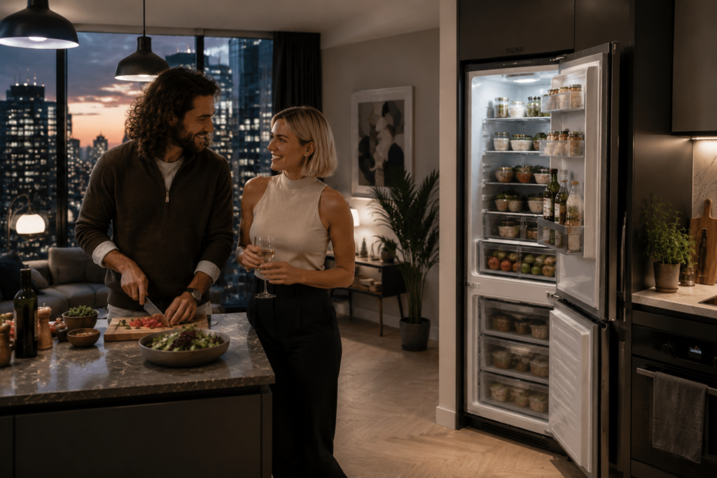Couple using a well-organised fridge freezer in a small apartment kitchen
