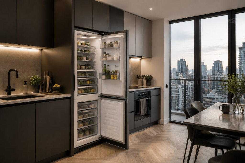 Compact fridge freezer layout designed for couples living in a small UK flat