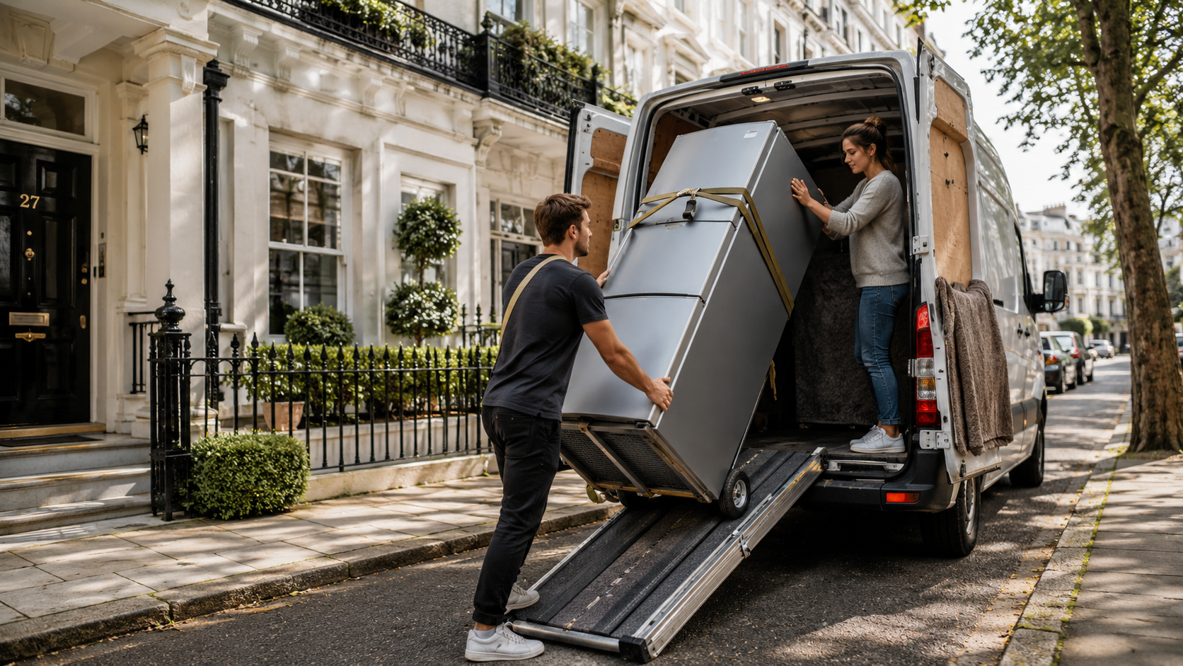 Can You Transport A Fridge Freezer Laying Down safely into a removal van outside a modern British townhouse using lifting straps and protective moving blankets.