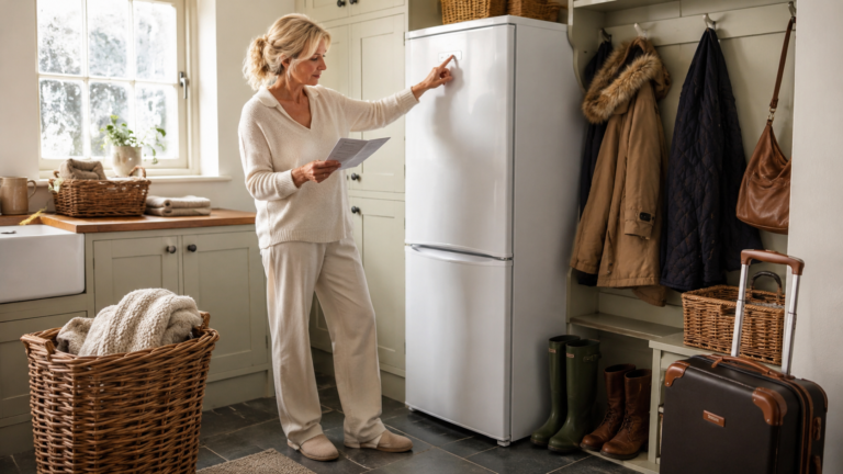 Can You Switch Off A Fridge Freezer Without Damaging It before leaving home for an extended period, showing a homeowner preparing a clean fridge freezer for safe storage.