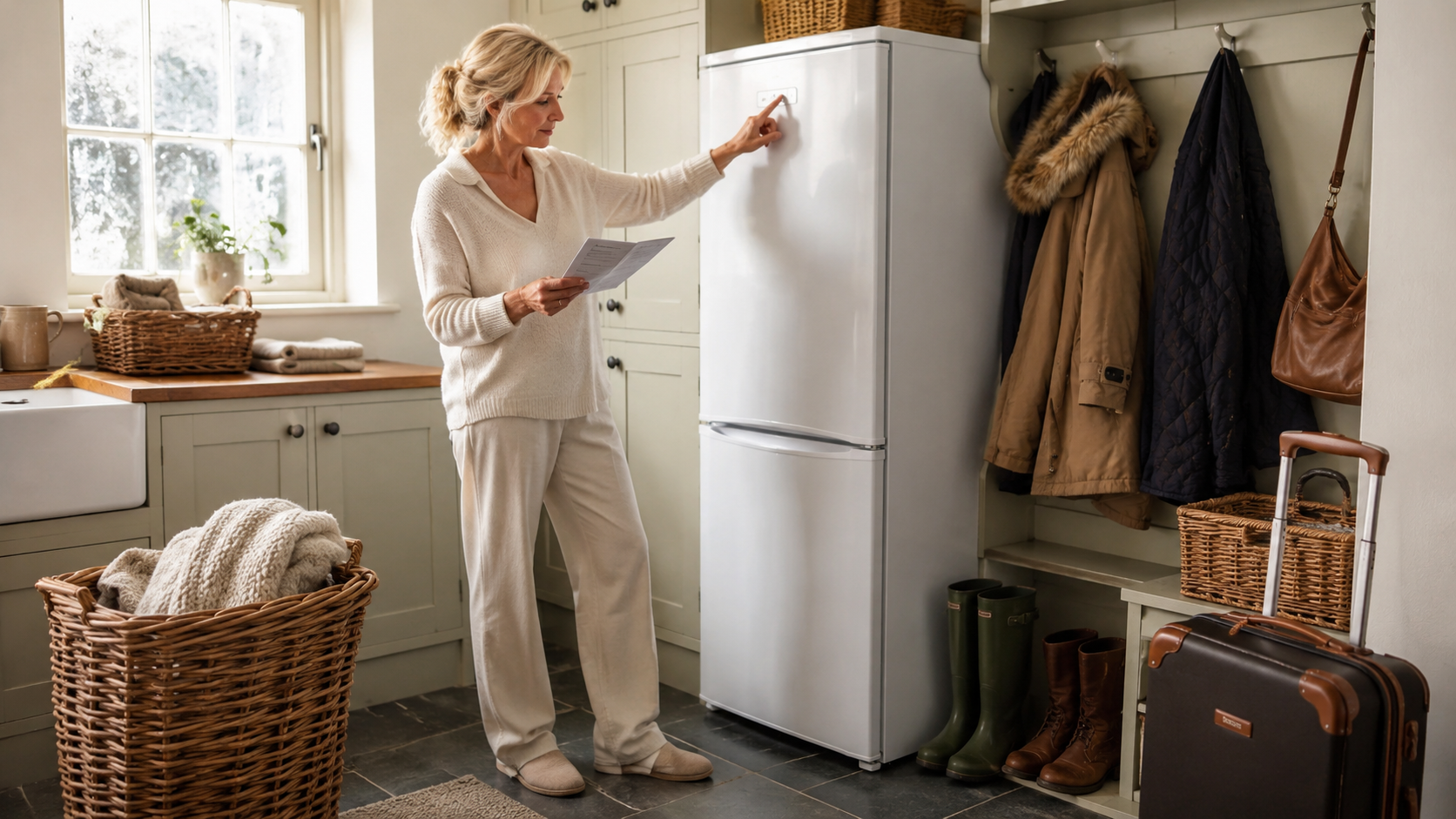 Can You Switch Off A Fridge Freezer Without Damaging It before leaving home for an extended period, showing a homeowner preparing a clean fridge freezer for safe storage.