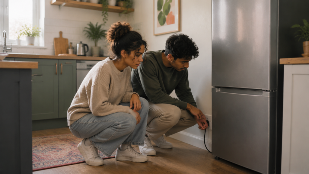 Checking a fridge freezer electrical socket in a small kitchen