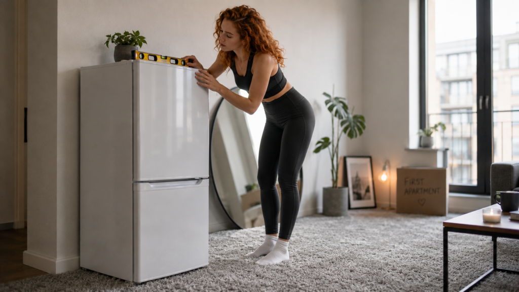 Checking a fridge freezer is level on carpet